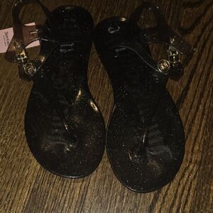 Juicy Couture Black Jelly Sandals with Gold Glitter Accents